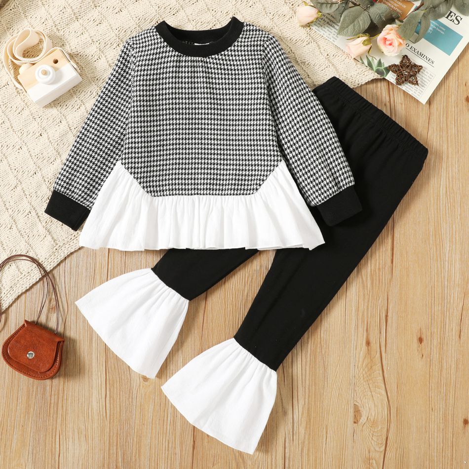2-piece Toddler Girl Houndstooth Ruffle Hem Splice Long-sleeve Top and Elasticized Flared Pants Set Black