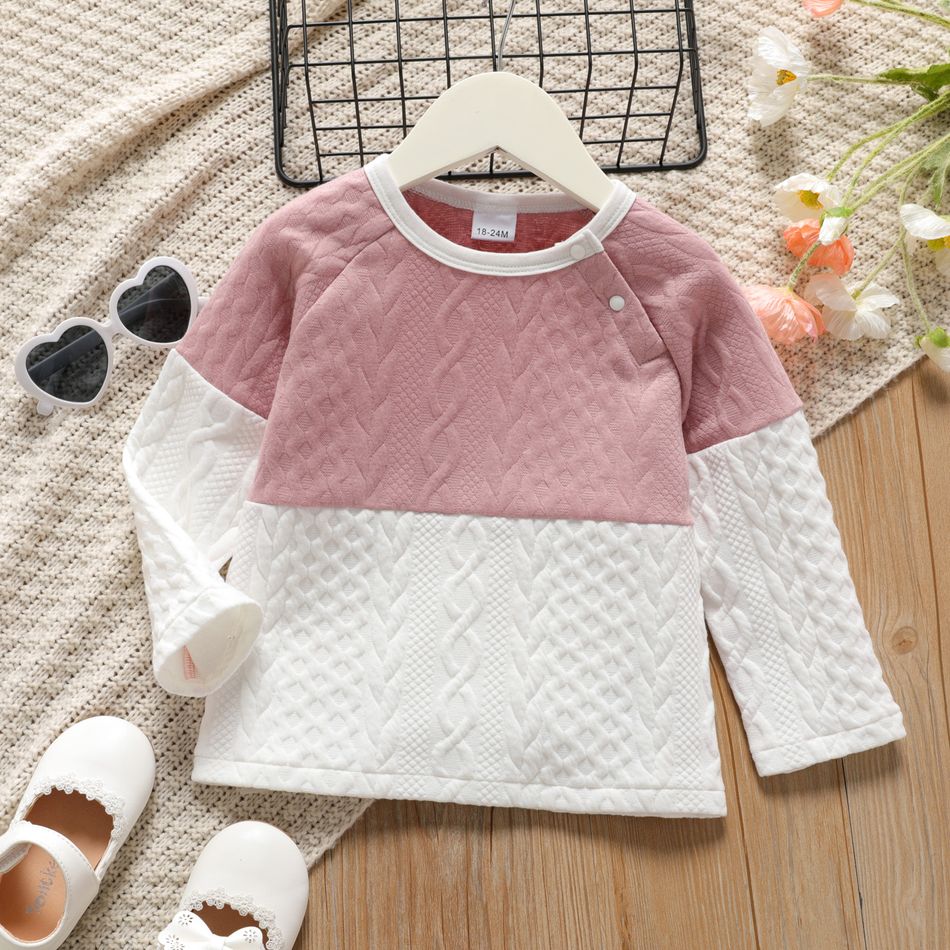 Toddler Girl Colorblock Button Design Cable Knit Textured Raglan Sleeve Sweatshirt Pink