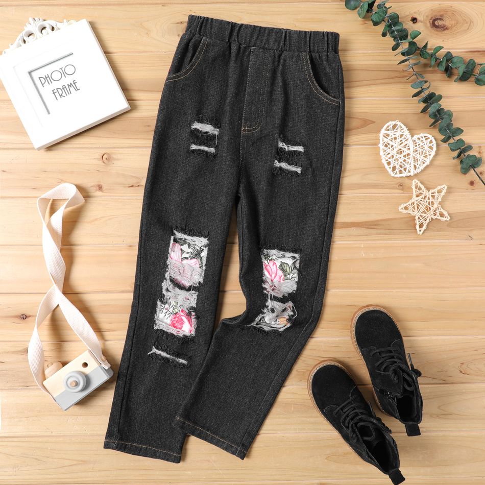 Kid Girl Floral/Leopard Print Patchwork Ripped Denim Jeans Black