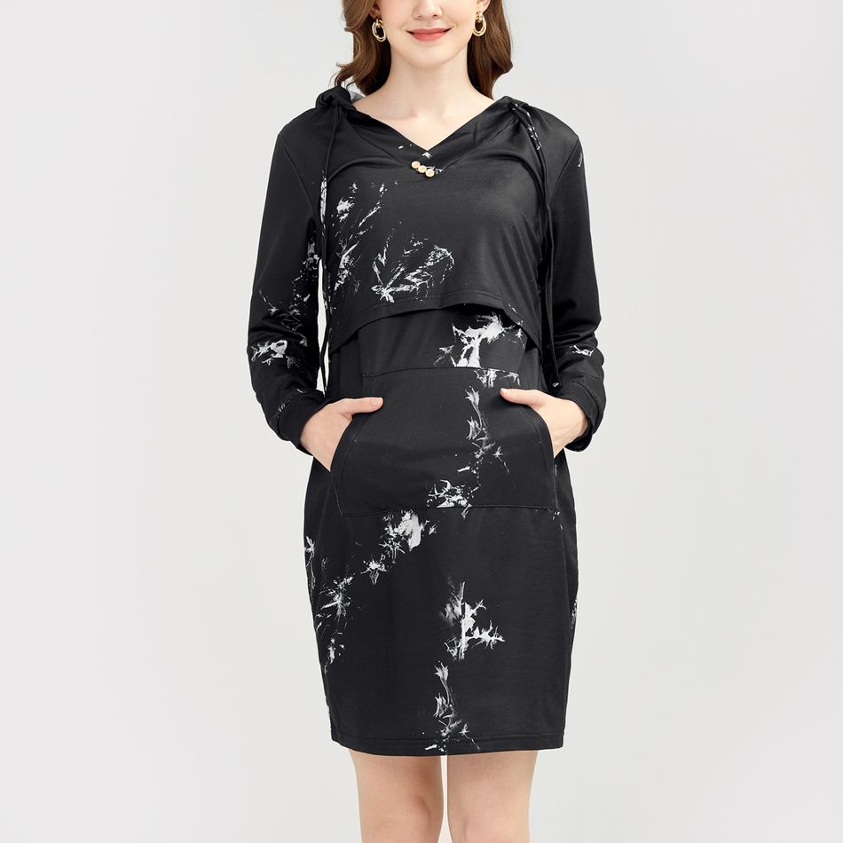 Nursing Black Tie Dye Print Long-sleeve Drawstring Hooded Dress Black