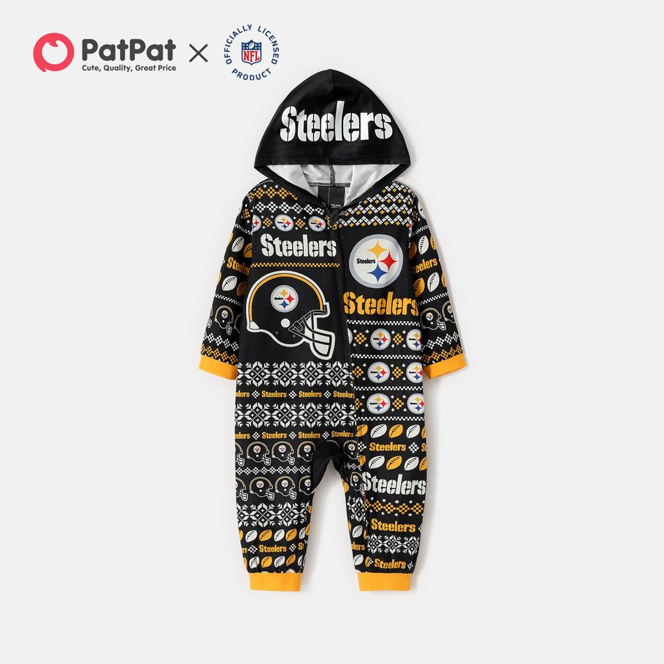 NFL Family Matching Christmas Steelers Allover Zip-up Hooded Pajamas Onesies Black big image 5