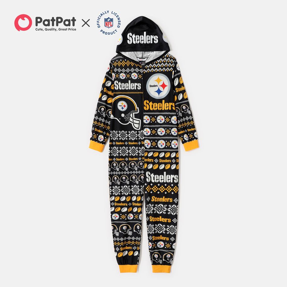NFL Family Matching Christmas Steelers Allover Zip-up Hooded Pajamas Onesies Black big image 4