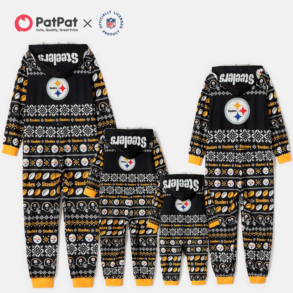 NFL Family Matching Christmas Steelers Allover Zip-up Hooded Pajamas Onesies Black big image 2