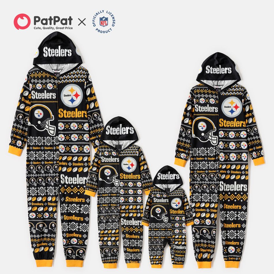 NFL Family Matching Christmas Steelers Allover Zip-up Hooded Pajamas Onesies Black big image 1