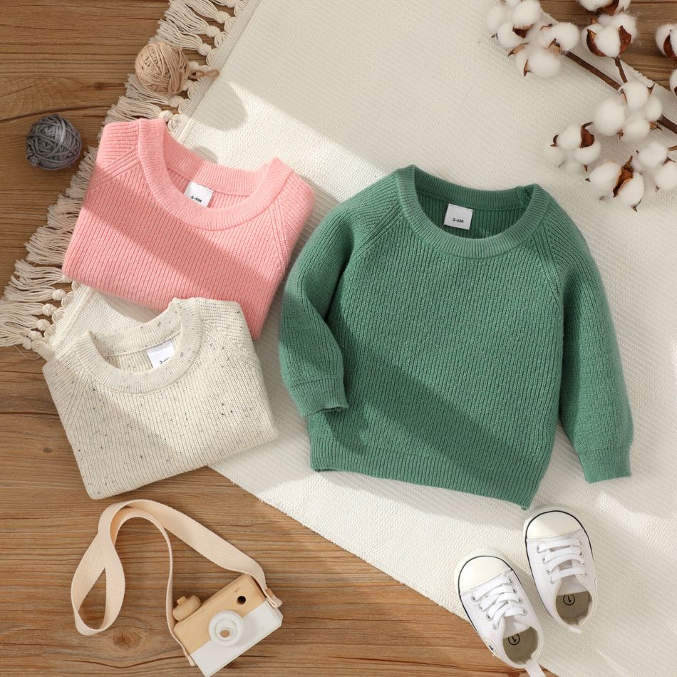 Baby Girl Solid Round Neck Long-sleeve Knitted Pullover Sweater Pink big image 2
