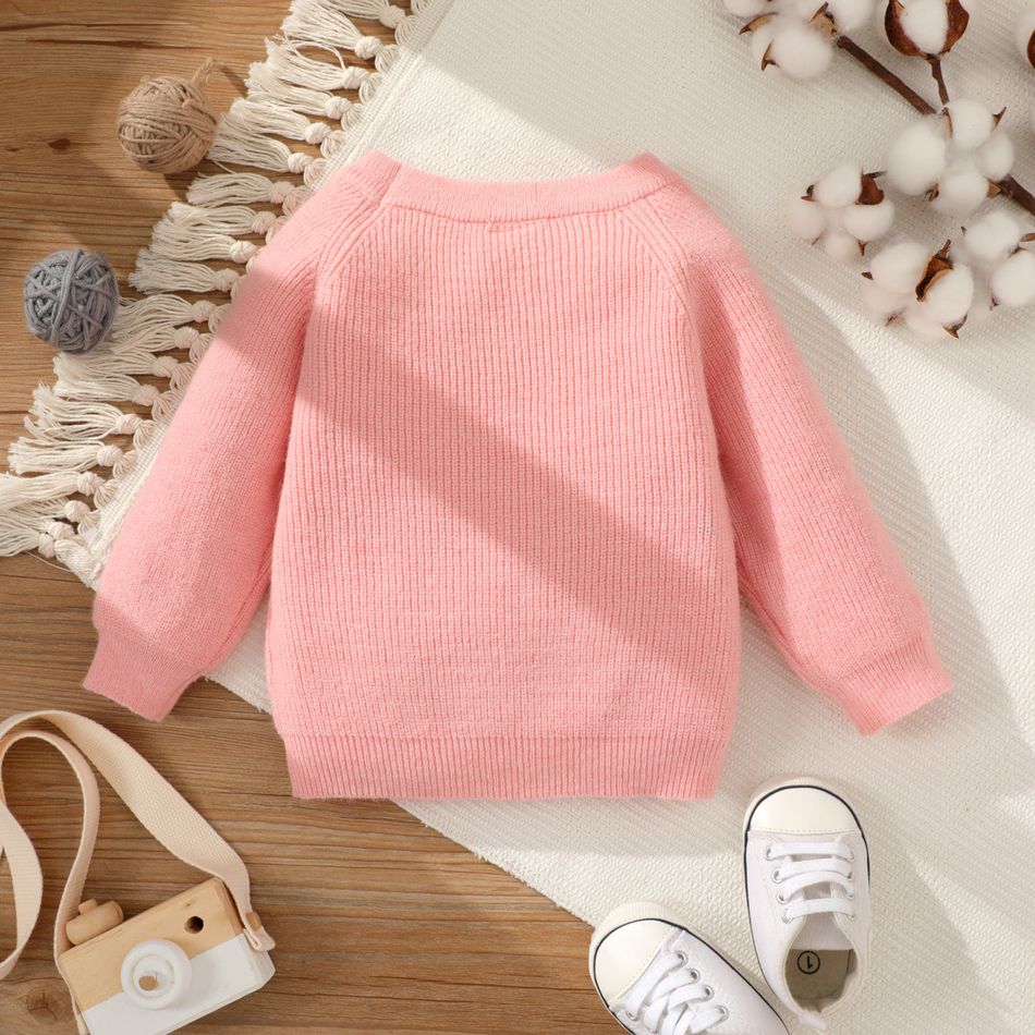 Baby Girl Solid Round Neck Long-sleeve Knitted Pullover Sweater Pink big image 3