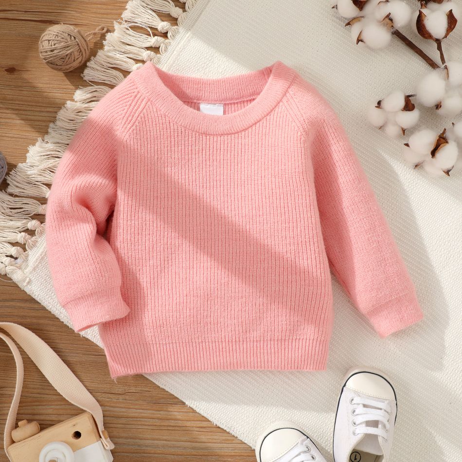 Baby Girl Solid Round Neck Long-sleeve Knitted Pullover Sweater Pink