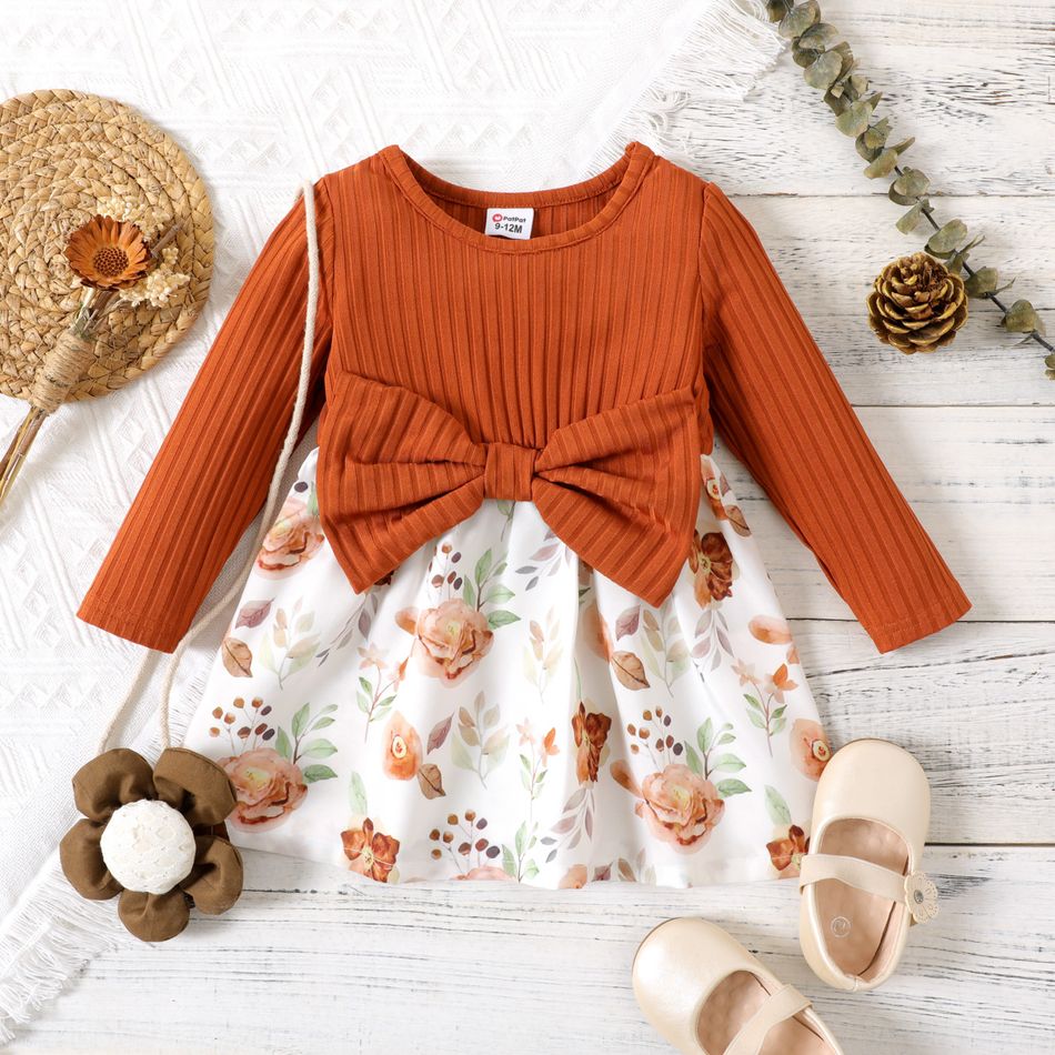 Baby Girl Brown Ribbed Bowknot Long-sleeve Splicing Floral Print Dress Color block