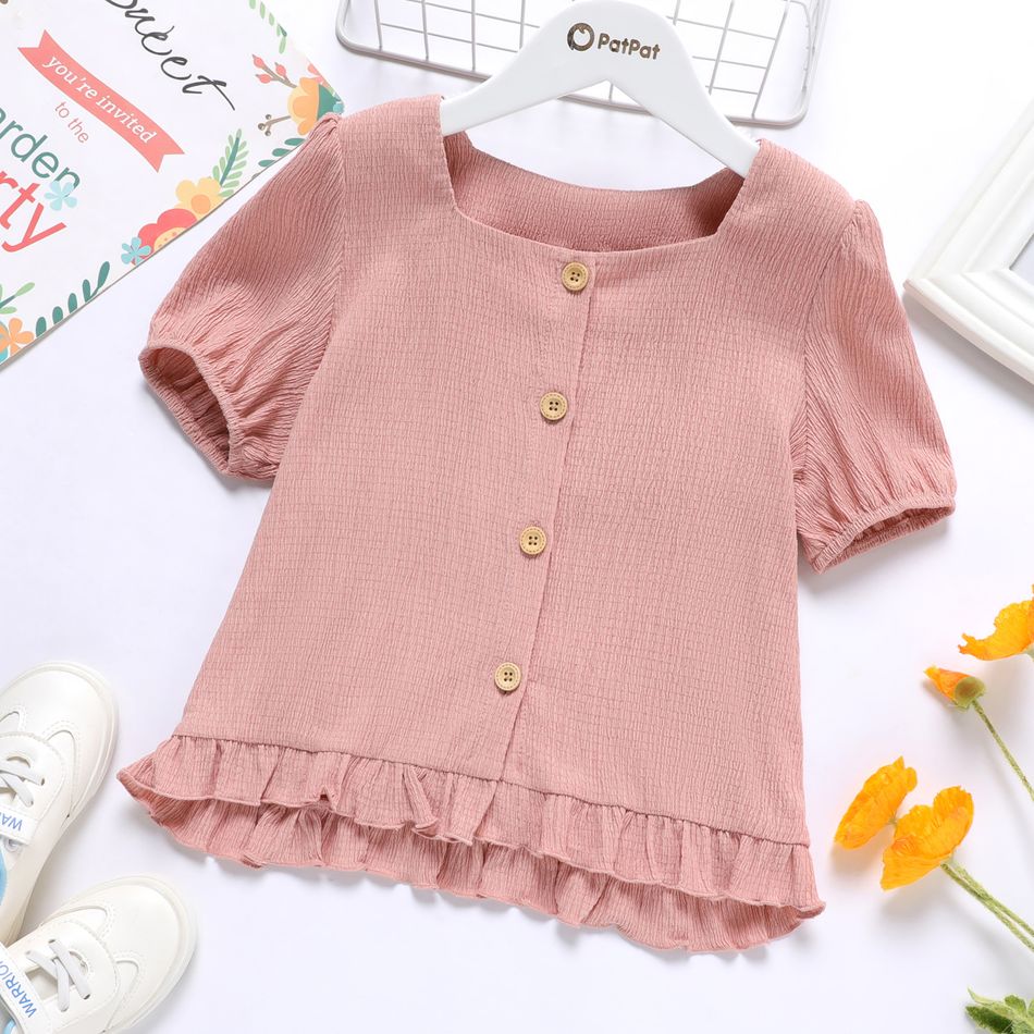 Kid Girl Square Neck Button Design Ruffle Hem Solid Color Short-sleeve Blouse Pink