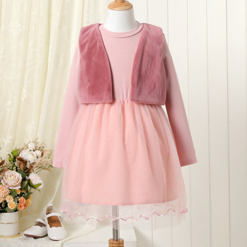 2-piece Kid Girl Ribbed Glitter Design Mesh Splice Long-sleeve Party Dress and Fuzzy Vest Set Rose Gold big image 1