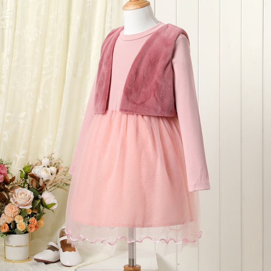 2-piece Kid Girl Ribbed Glitter Design Mesh Splice Long-sleeve Party Dress and Fuzzy Vest Set Rose Gold big image 4