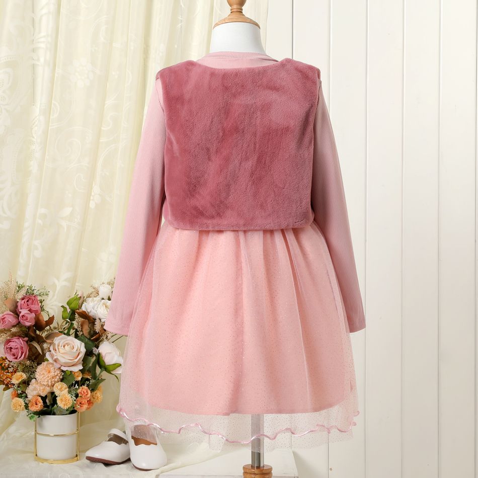 2-piece Kid Girl Ribbed Glitter Design Mesh Splice Long-sleeve Party Dress and Fuzzy Vest Set Rose Gold big image 3