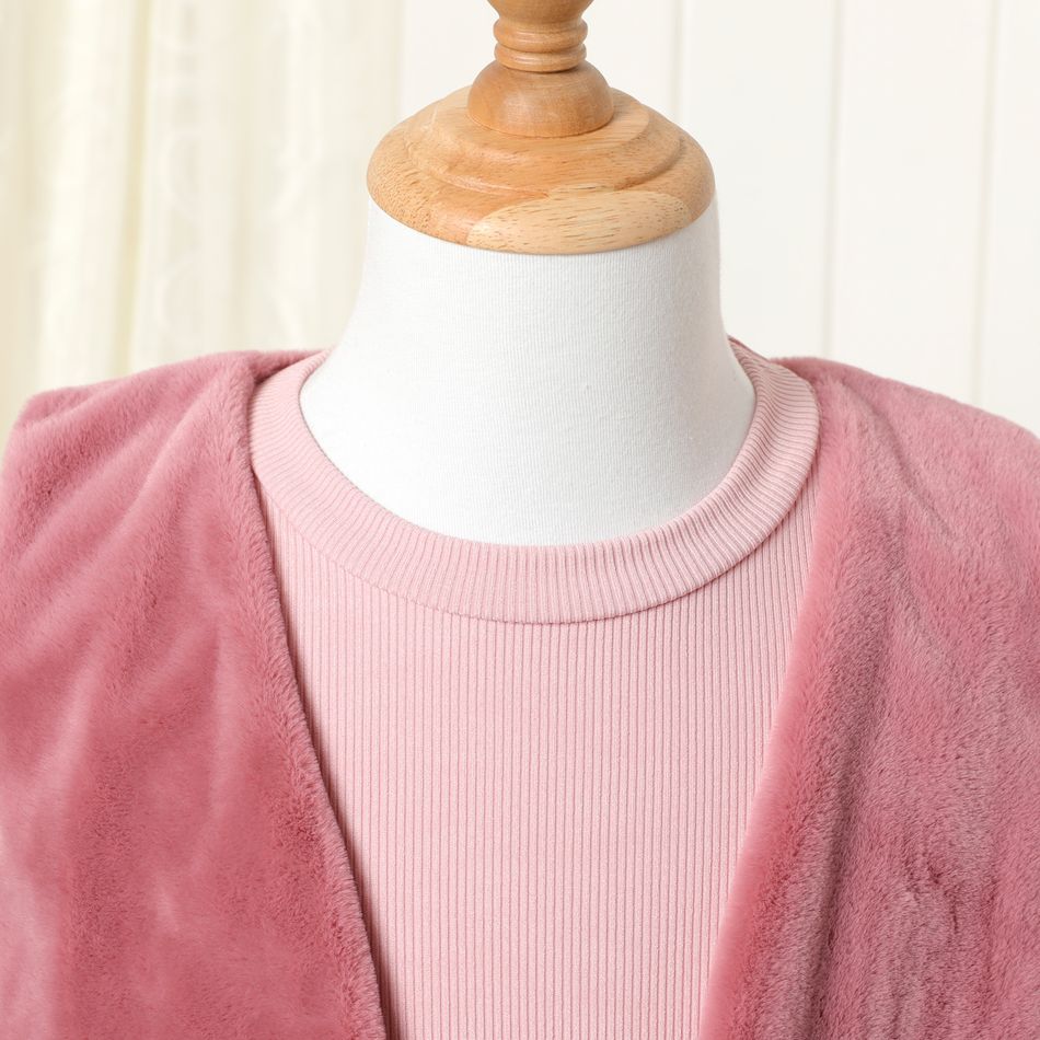 2-piece Kid Girl Ribbed Glitter Design Mesh Splice Long-sleeve Party Dress and Fuzzy Vest Set Rose Gold big image 5