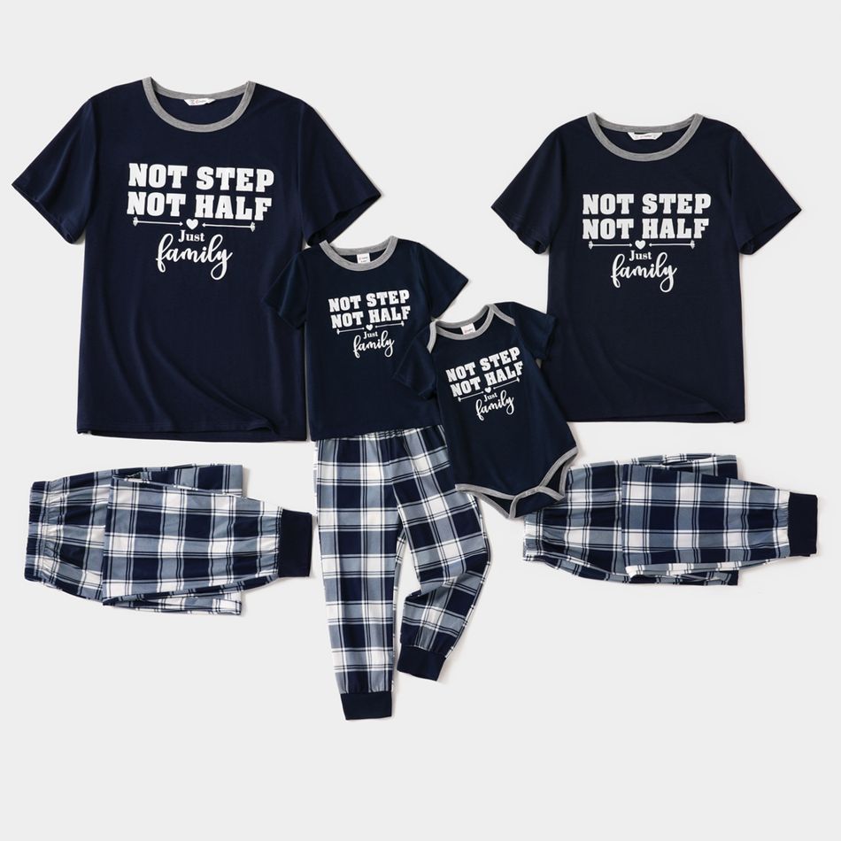 Family Matching Letter Print Blue Short-sleeve Plaid Pajamas Sets (Flame Resistant) royalblue big image 1