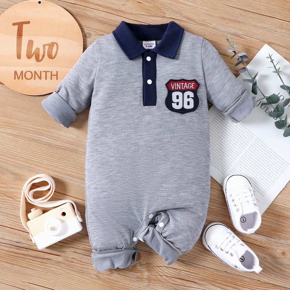 Baby Boy Letter and Number Patch Design Striped/Solid Long-sleeve Jumpsuit Grey