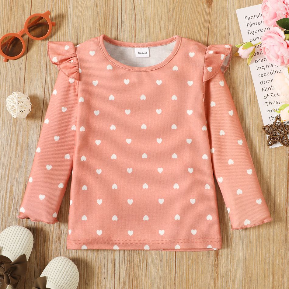 Toddler Girl Ruffled Stars/Heart Print Long-sleeve Ribbed Tee Pink