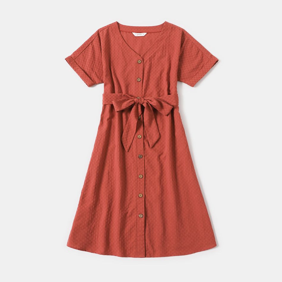 100% Cotton Solid Textured V Neck Short-sleeve Dress for Mom and Me RustRed big image 2