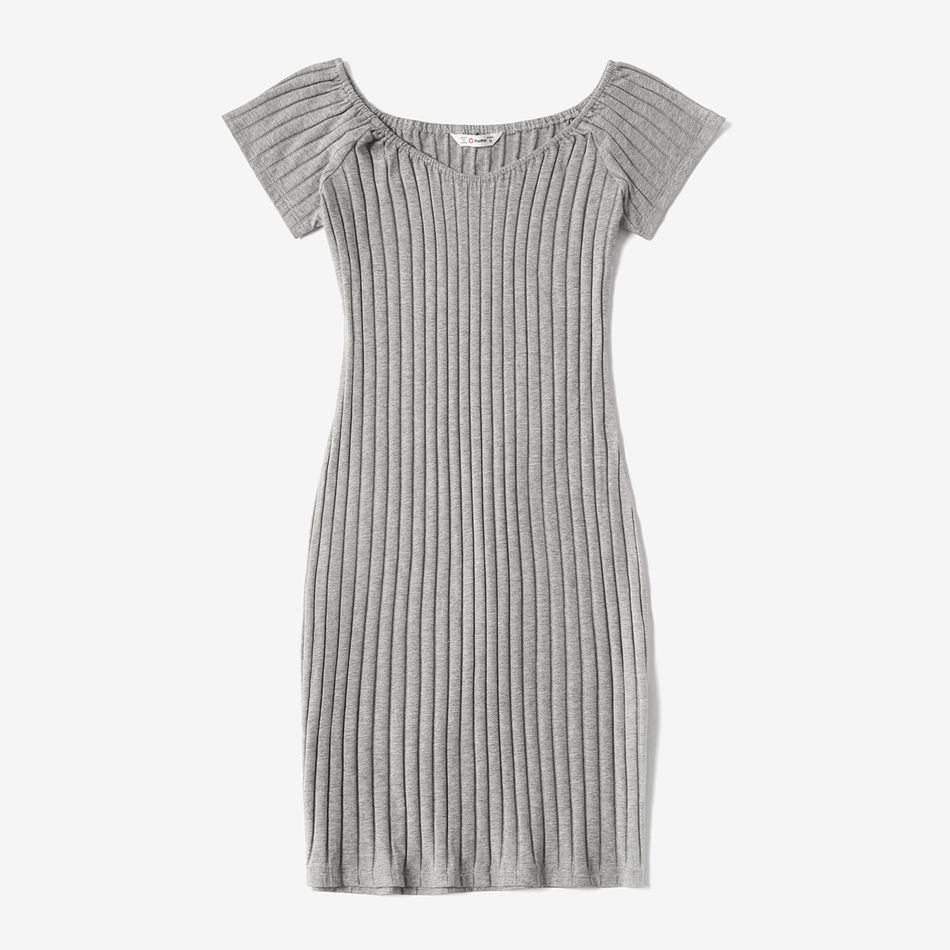 Grey Ribbed Short-sleeve Bodycon Dress for Mom and Me DeepGery big image 7