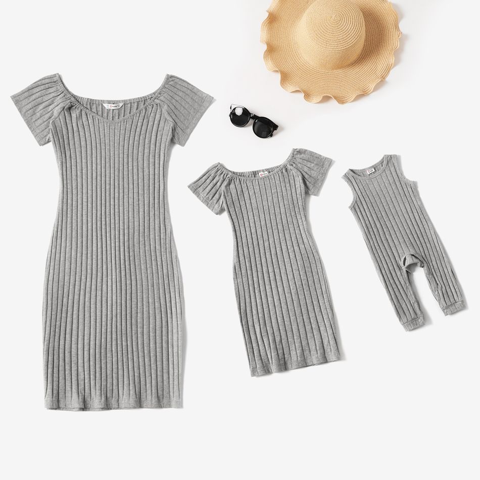 Grey Ribbed Short-sleeve Bodycon Dress for Mom and Me DeepGery