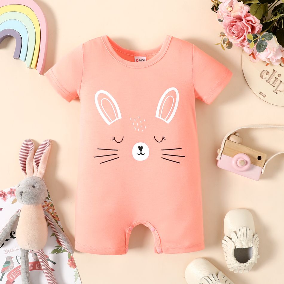Baby Girl Rabbit Print Short-sleeve Romper Pink big image 1
