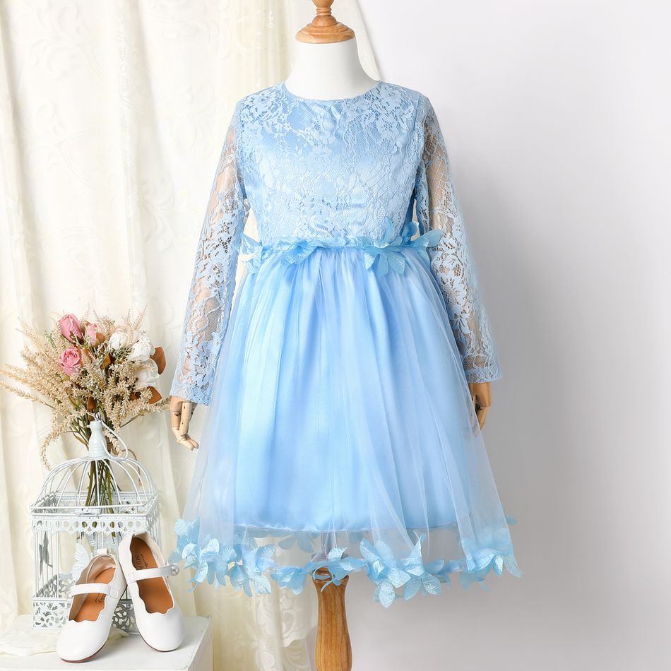 Kid Girl Floral Lace Design Long-sleeve Blue Mesh Party Dress Blue