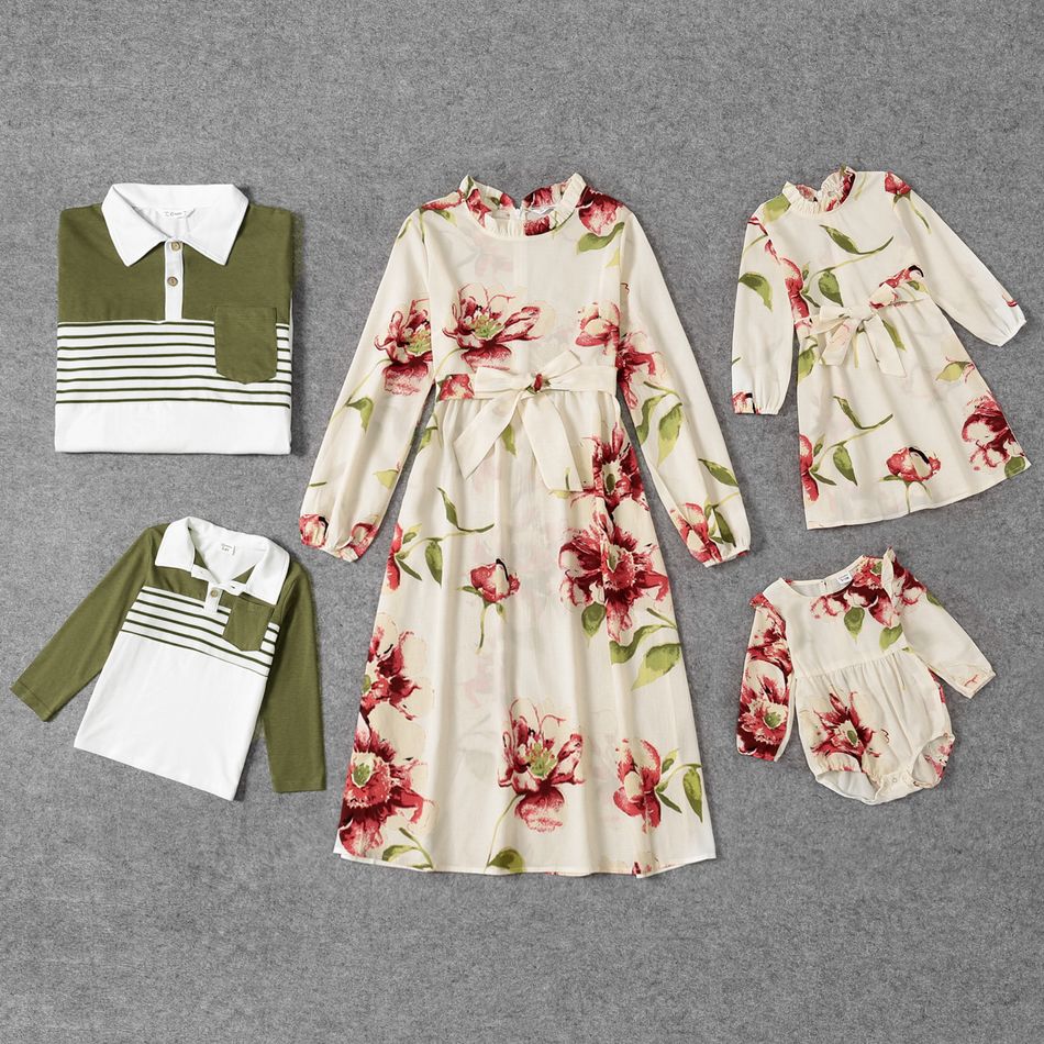 Family Matching All Over Floral Print Long-sleeve Belted Dresses and Color Block Striped Lapel Polo Shirts Sets ColorBlock