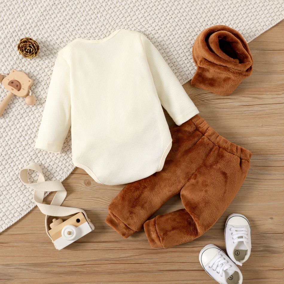 3pcs Baby Boy/Girl Cartoon Bear Pattern Waffle Long-sleeve Romper and Brown Trousers with Scarf Set Brown big image 2