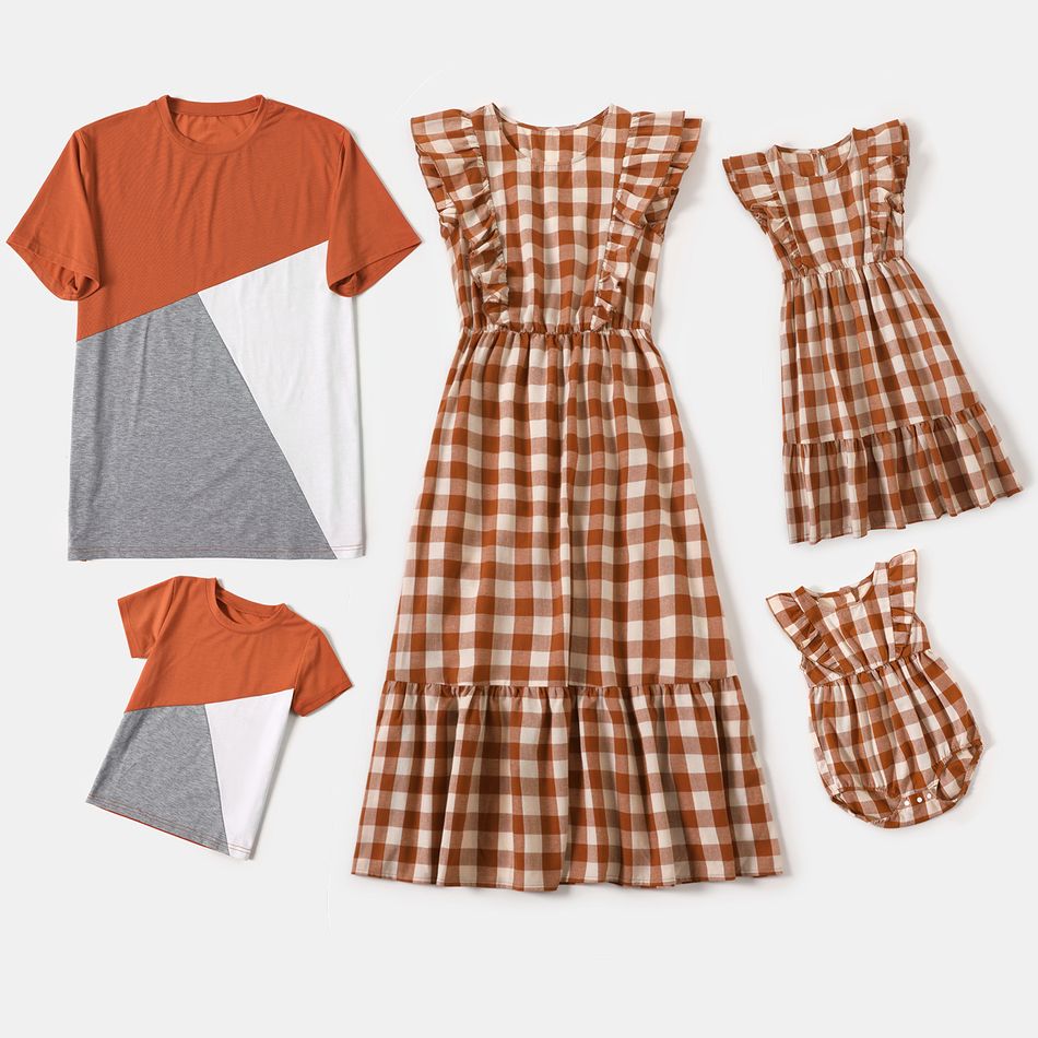 Family Matching Plaid Sleeveless Ruffle Dresses and Colorblock Short-sleeve T-shirts Sets Red/White