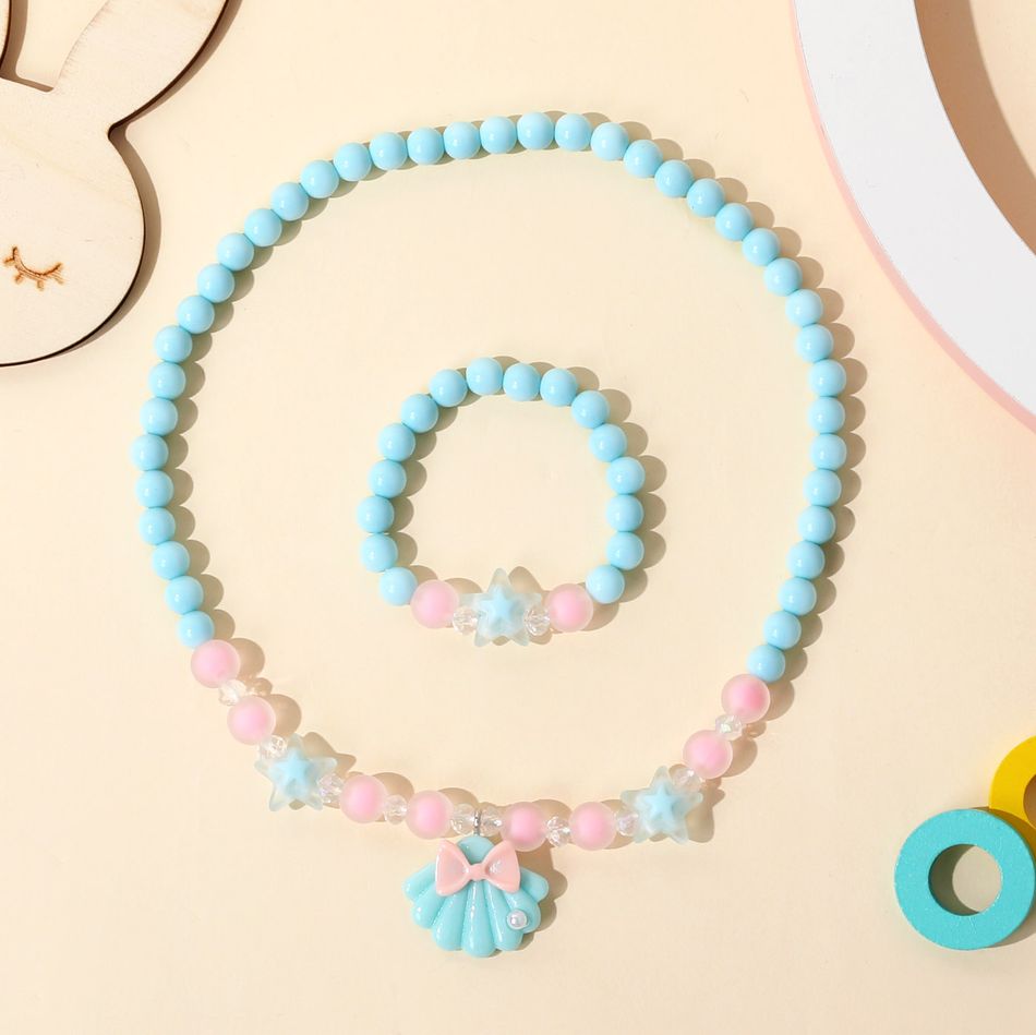 2-pack Stars Pendant Beaded Bracelet and Shell Pendant Beaded Necklace Set for Girls Light Blue