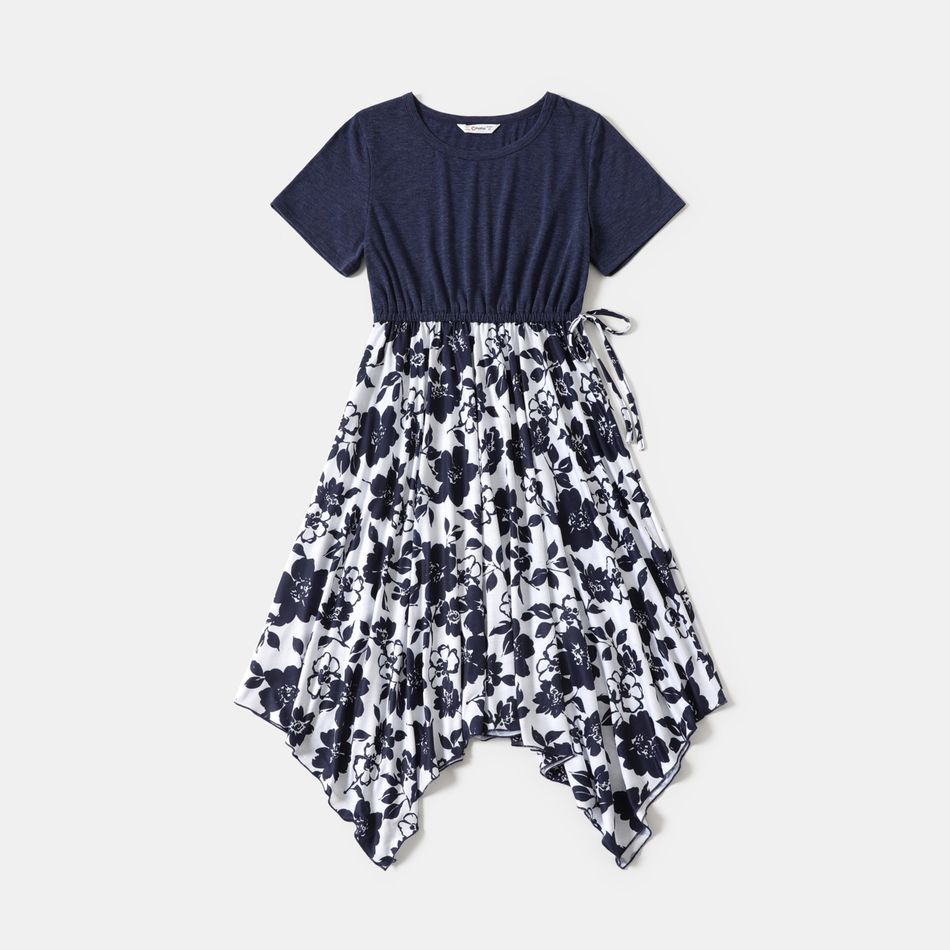Solid Short-sleeve Splicing Floral Print Irregular Hem Dress for Mom and Me BLUEWHITE big image 2
