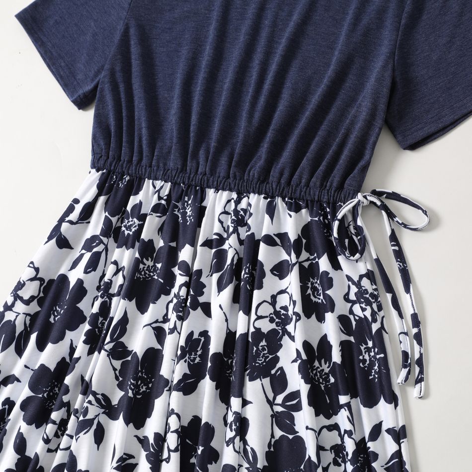 Solid Short-sleeve Splicing Floral Print Irregular Hem Dress for Mom and Me BLUEWHITE big image 4