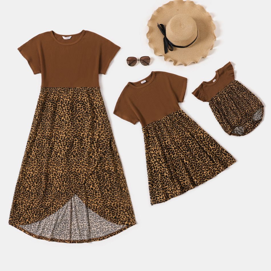 Brown Ribbed Short-sleeve Splicing Leopard Print Dress for Mom and Me ColorBlock