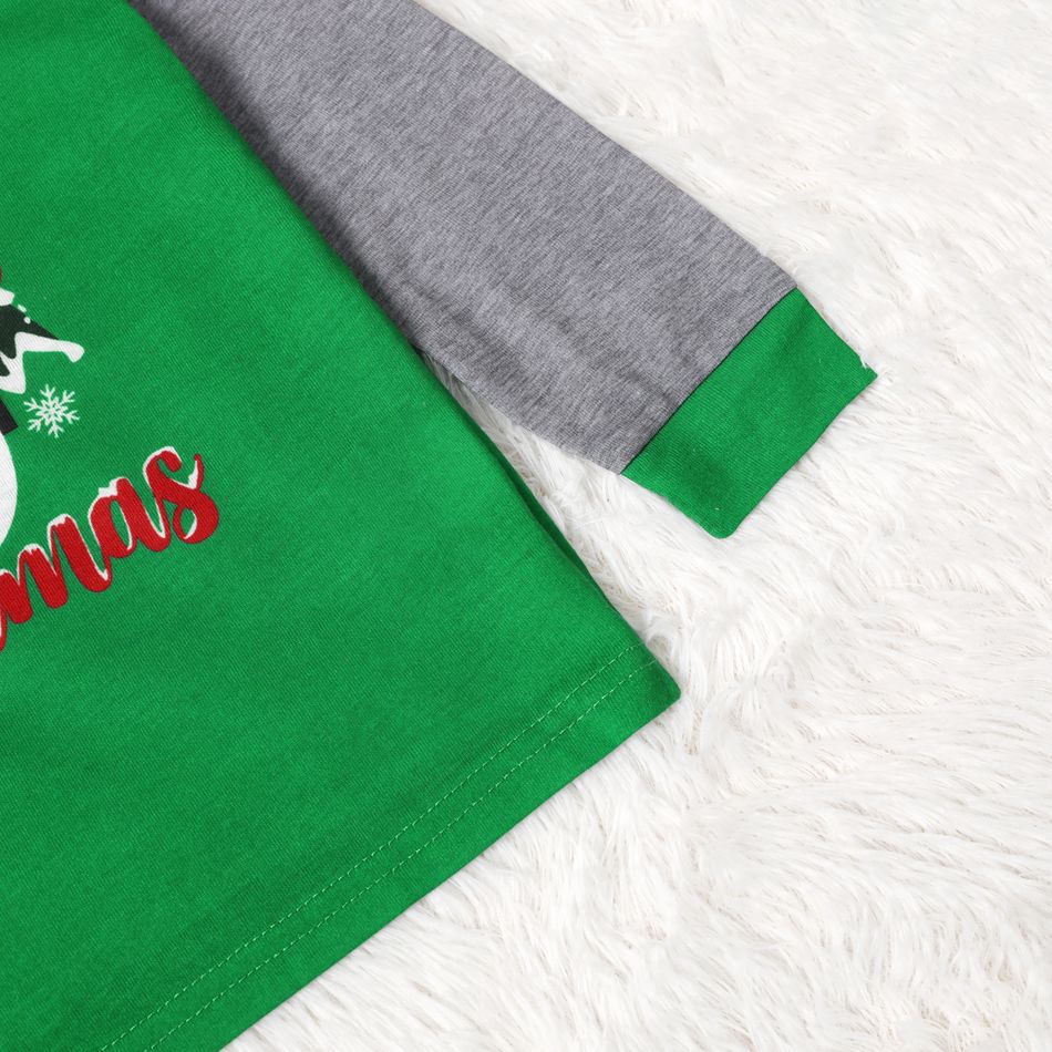 Christmas Snowman and Letters Print Green Family Matching Long-sleeve Pajamas Sets (Flame Resistant) Green big image 9