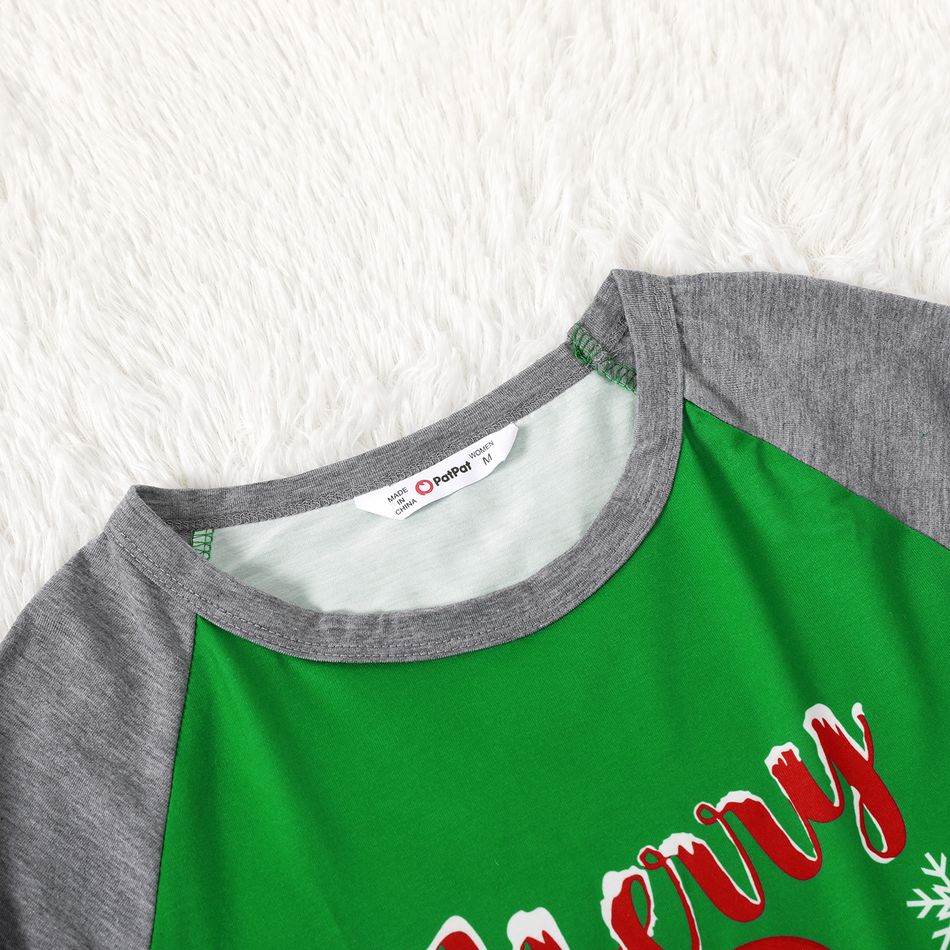 Christmas Snowman and Letters Print Green Family Matching Long-sleeve Pajamas Sets (Flame Resistant) Green big image 5