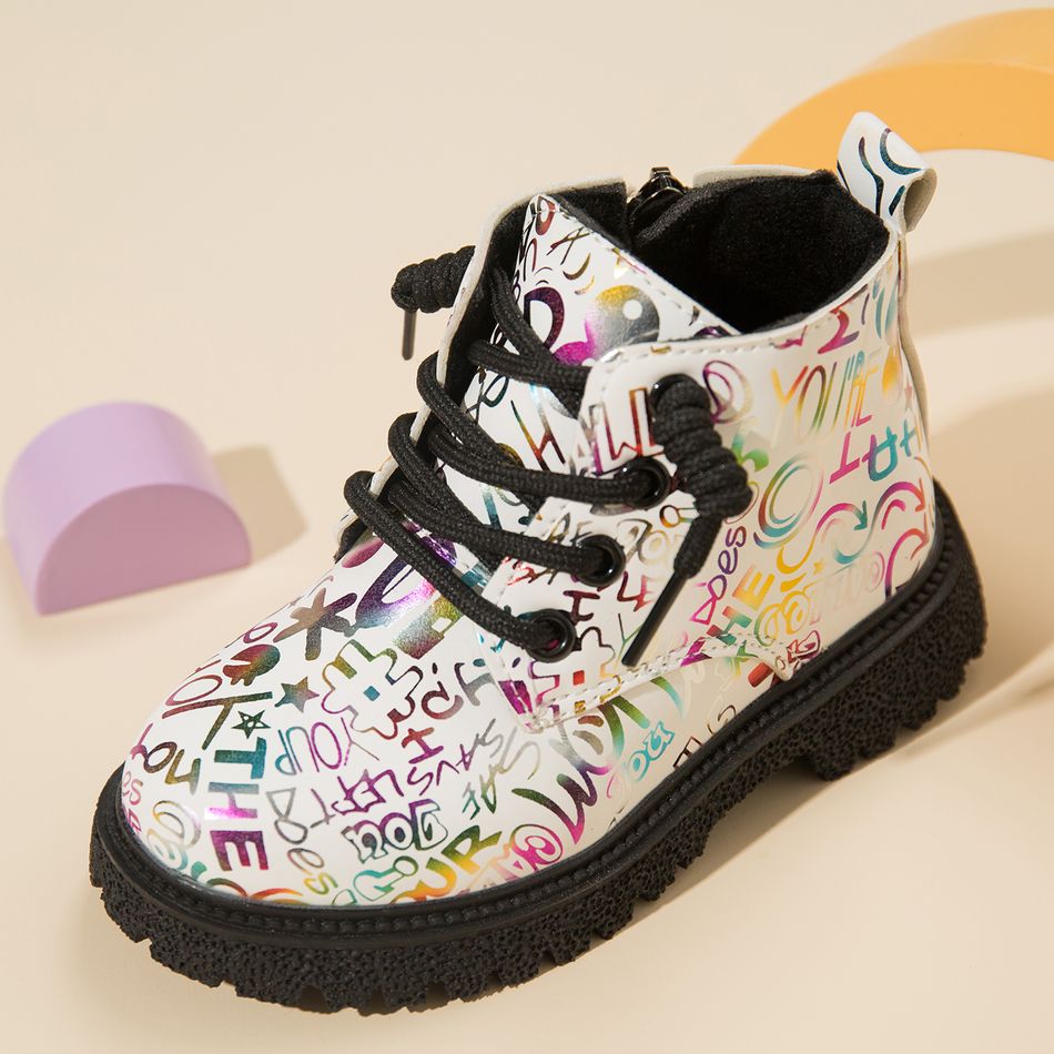 Toddler / Kid Fashion Letter Pattern Lace Up Boots (Zipper Color Random) White big image 2