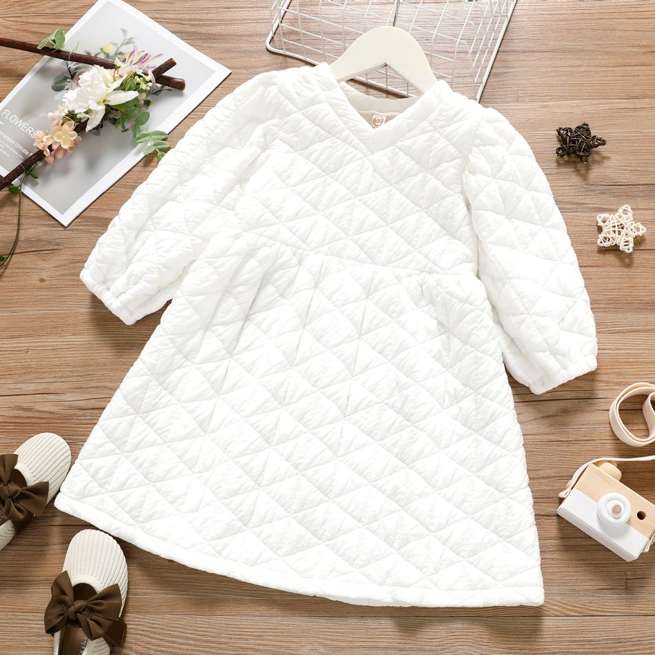 الصلبة الخامس الرقبة مبطن كم طويل فستان أبيض طفل صغير أبيض big image 1