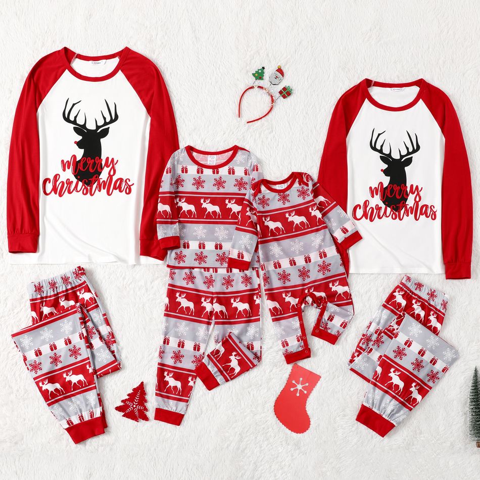 Christmas Deer and Letter Print Family Matching Red Raglan Long-sleeve Pajamas Sets (Flame Resistant) Red