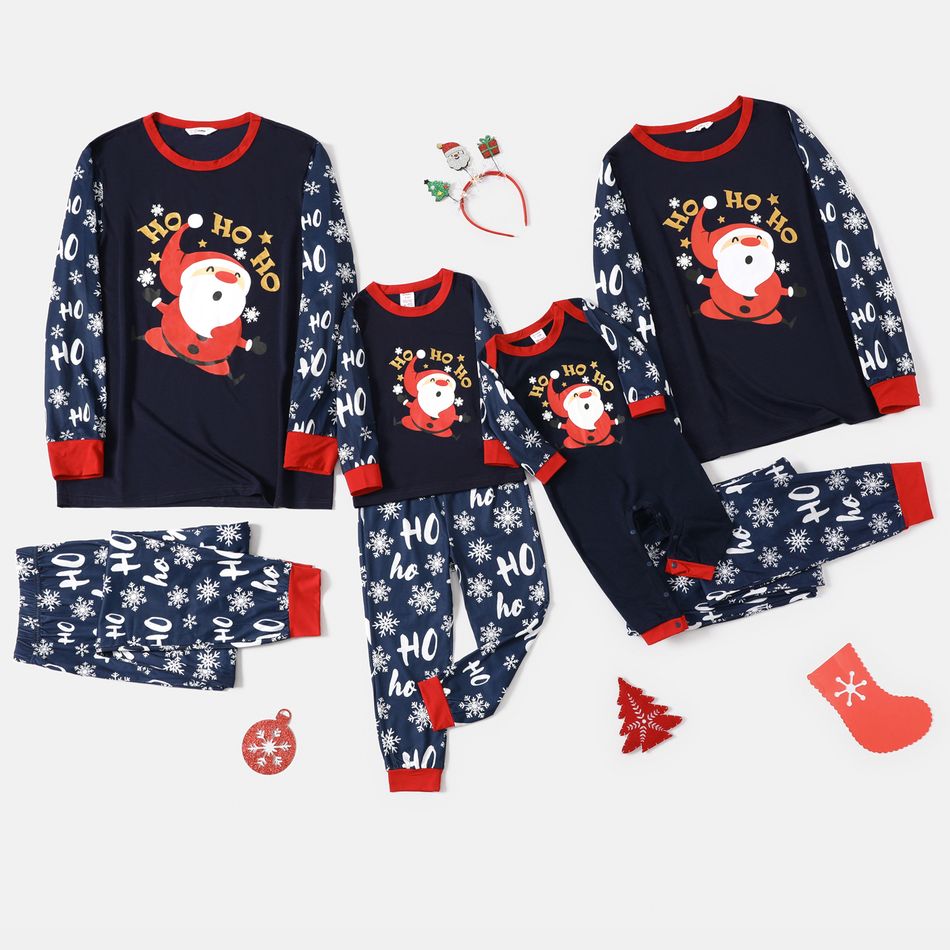Christmas Santa and Snowflake Print Long-sleeve Family Matching Pajamas Set (Flame Resistant) Royal Blue