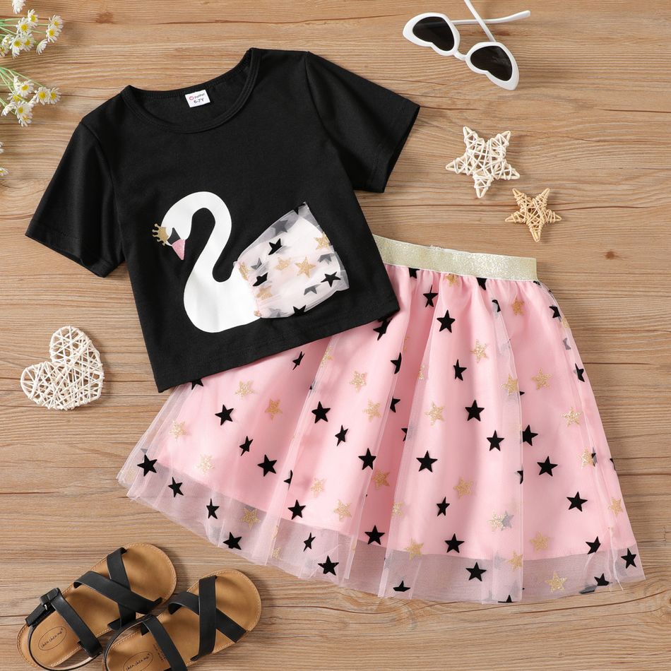 2-piece Kid Girl Goose Pattern Crown Glitter Design Tee and Stars Glitter Mesh Design Skirt Set Black
