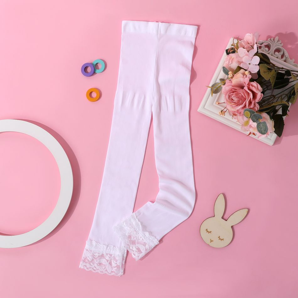 meia-calça com acabamento em renda de cor pura para bebês / crianças para meninas Branco big image 1