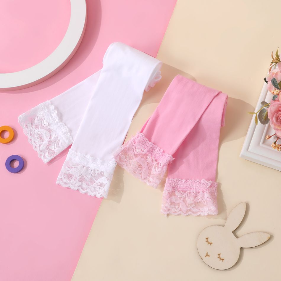 meia-calça com acabamento em renda de cor pura para bebês / crianças para meninas Branco big image 2