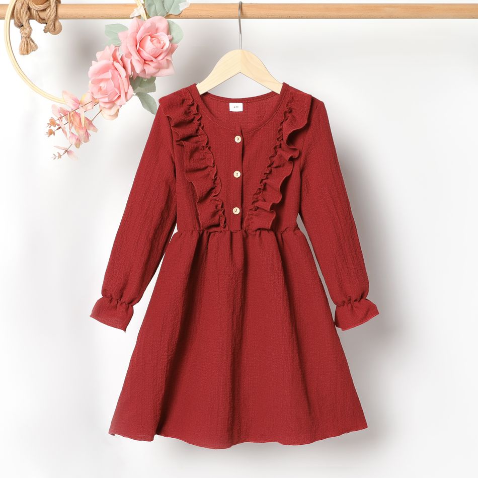 Kid Girl Ruffled Button Design Solid Color Long-sleeve Dress Red