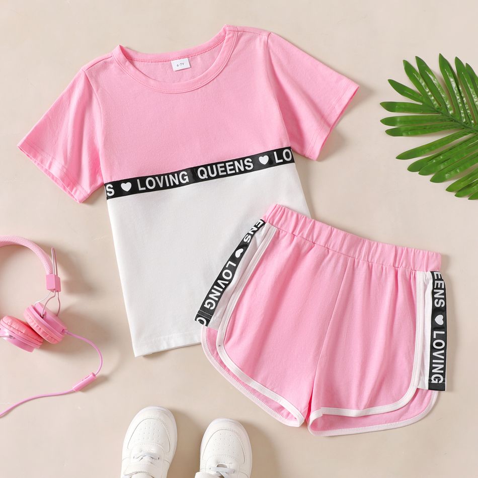 2-piece Kid Girl Letter Print Colorblock Tee and Dolphin Shorts Set Pink