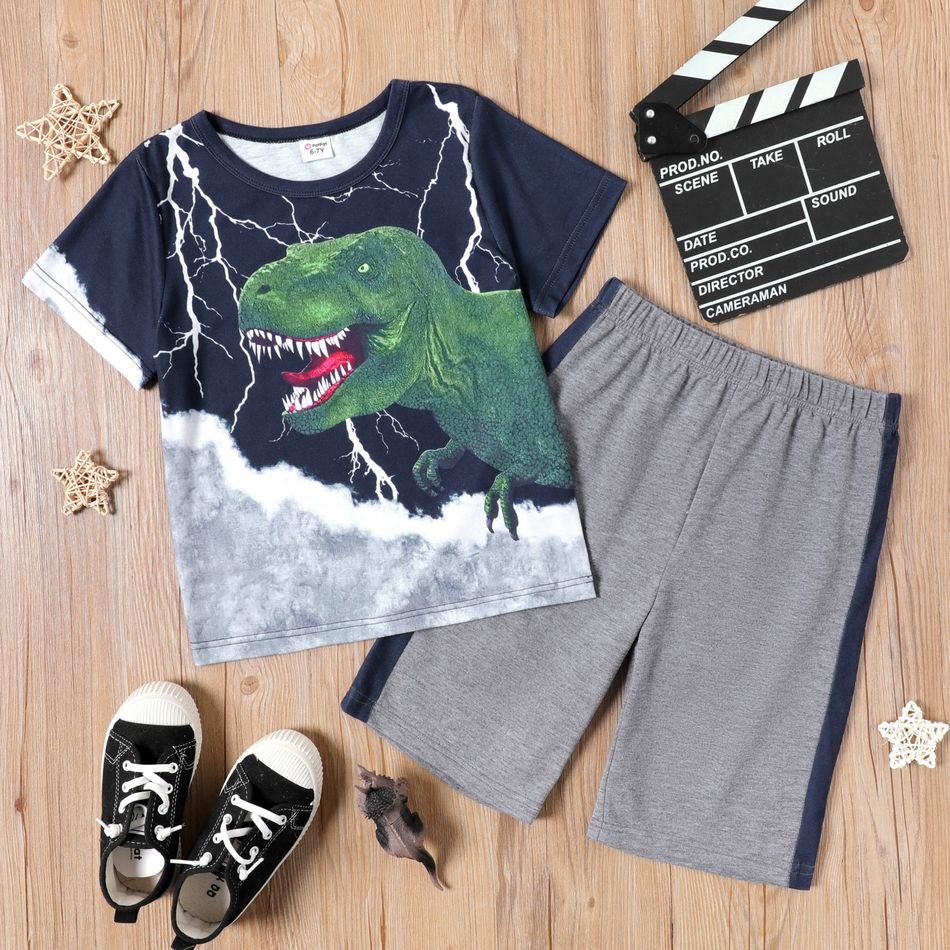 2-piece Kid Boy Animal Dinosaur Print Short-sleeve Tee and Colorblock Shorts Set Royal Blue