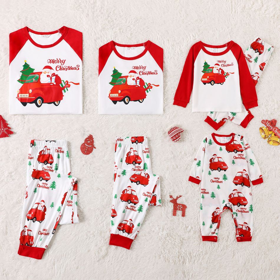 Christmas Tree Car Santa and Letter Print Family Matching Red Raglan Long-sleeve Pajamas Sets (Flame Resistant) Red/White