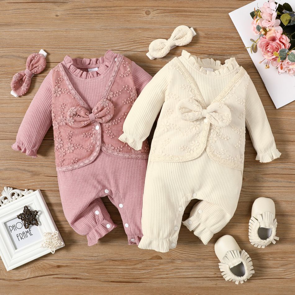 2pcs Baby Girl Solid Waffle Long-sleeve Splicing Lace Bowknot Jumpsuit Set Beige big image 6