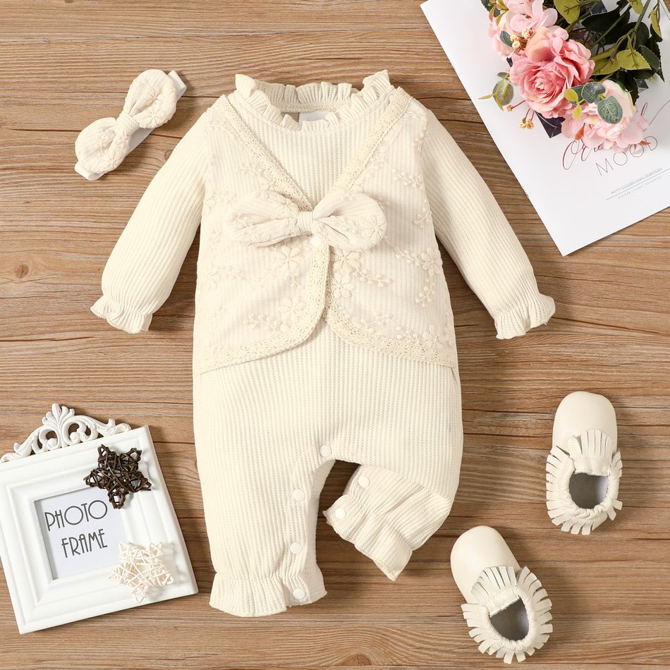 2pcs Baby Girl Solid Waffle Long-sleeve Splicing Lace Bowknot Jumpsuit Set Beige