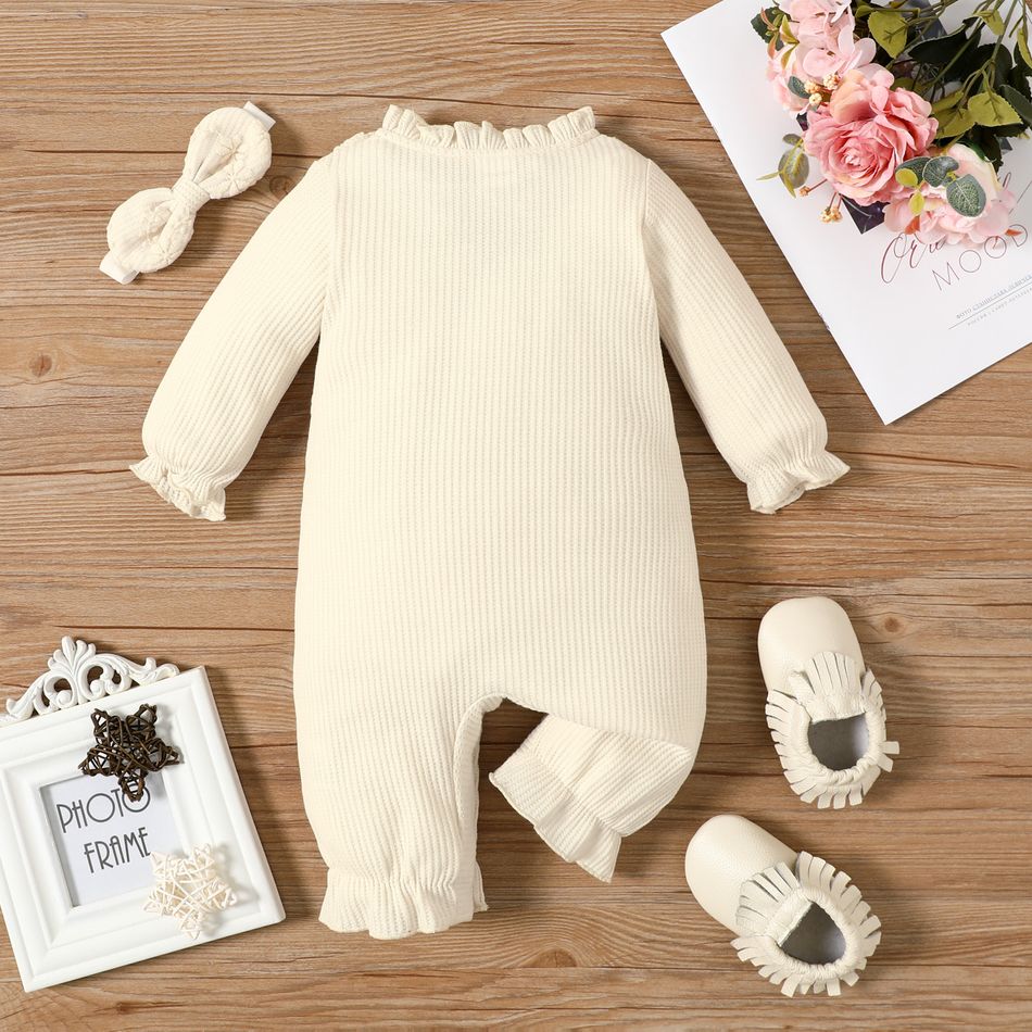 2pcs Baby Girl Solid Waffle Long-sleeve Splicing Lace Bowknot Jumpsuit Set Beige big image 2