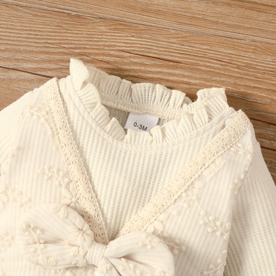 2pcs Baby Girl Solid Waffle Long-sleeve Splicing Lace Bowknot Jumpsuit Set Beige big image 4