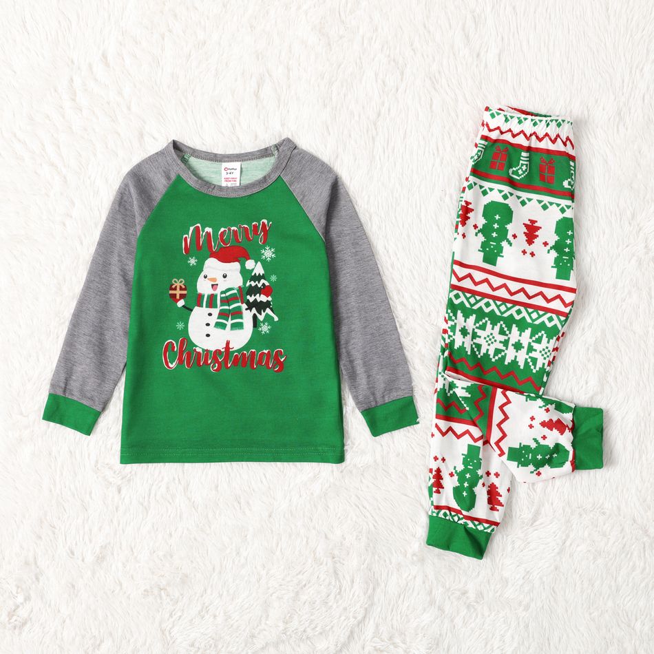 Christmas Snowman and Letters Print Green Family Matching Long-sleeve Pajamas Sets (Flame Resistant) Green big image 6